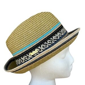 Steve Madden Reeortwear Straw Fedora Hat With Patterned Blue Teal Stripe Detail